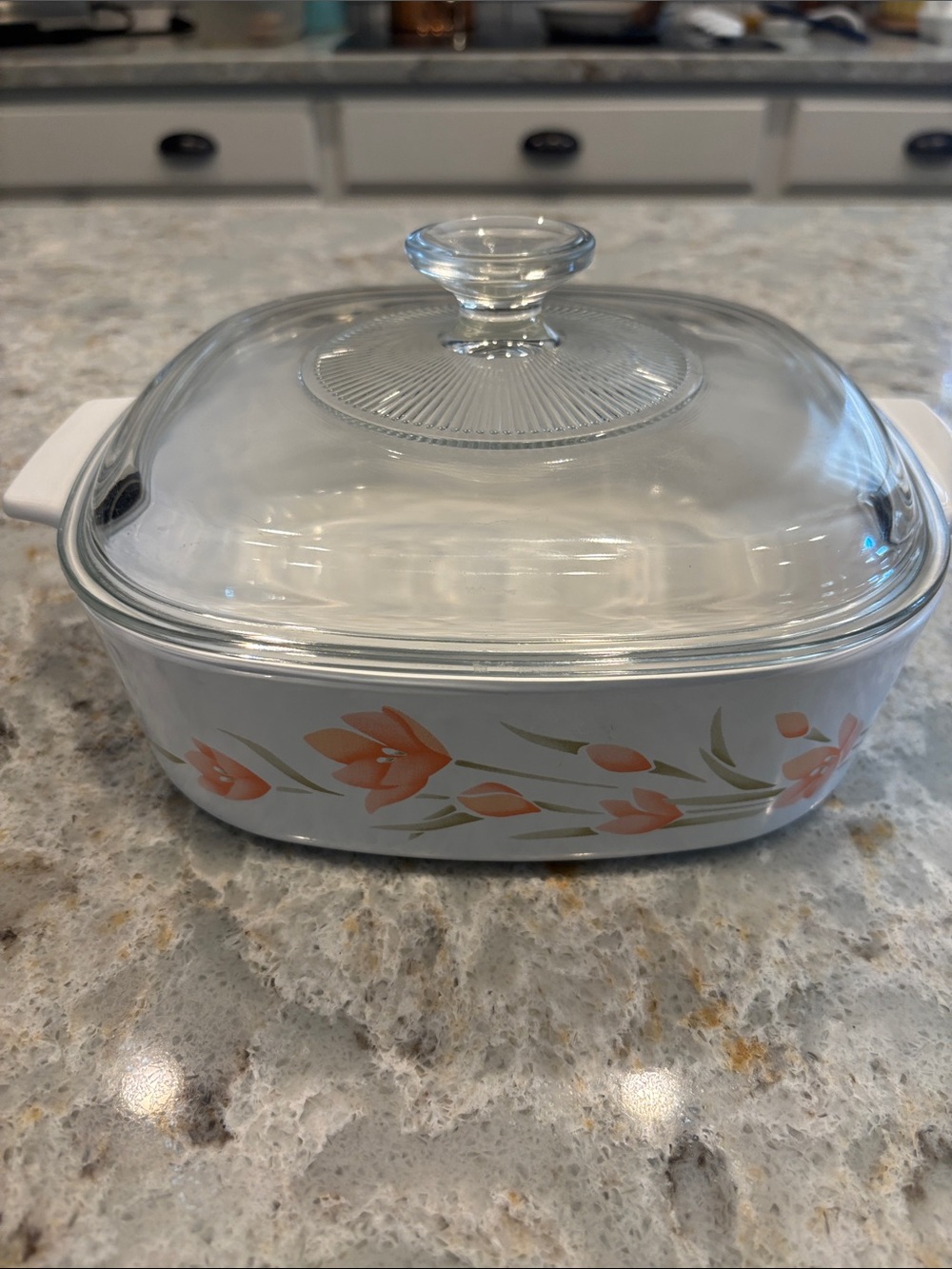 Vintage Corning Ware Peach Blossom Casserole Dish 2L with lid & handles